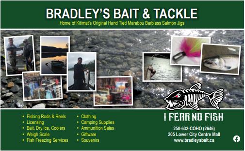 multiple images of fishing photos to create an advertisment for fishing equipment store in Kitimat BC